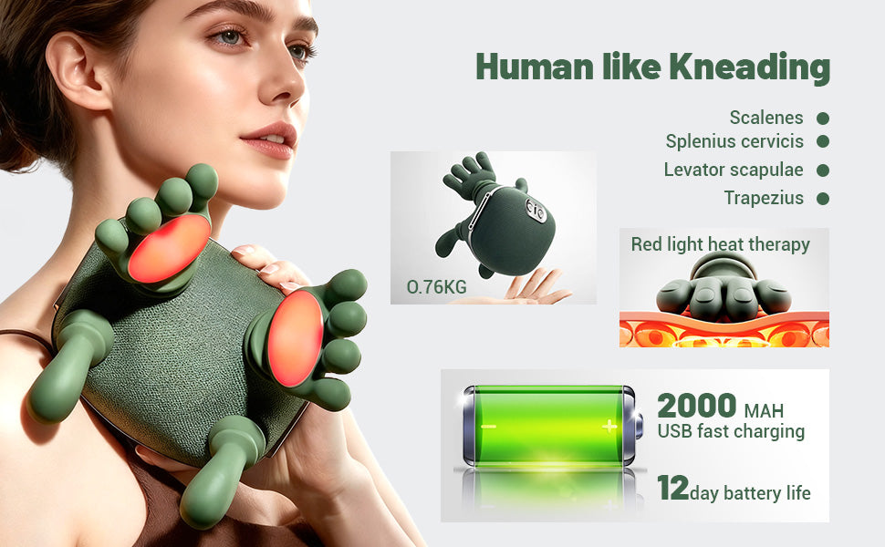 Bionic Heated Massager, Wireless Portable Shiatsu Neck and Back Massager, Electric Deep Tissue 4D Kneading Massage, Simulated Human Hand Design for Pain Relief and Muscle Relax