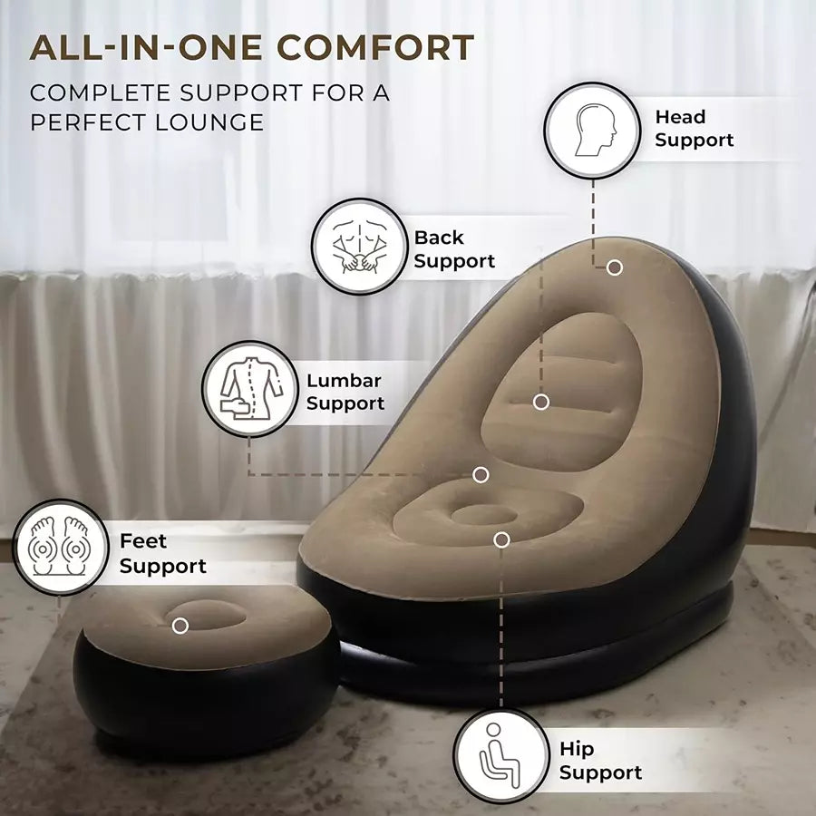 Premium Inflatable Air Sofa Chair with Ottoman & Electric Pump| Portable Lounger for Home, Camping & Outdoor Use