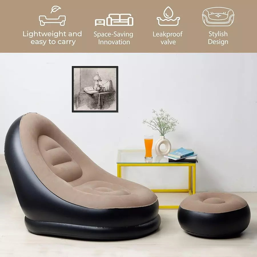 Premium Inflatable Air Sofa Chair with Ottoman & Electric Pump| Portable Lounger for Home, Camping & Outdoor Use